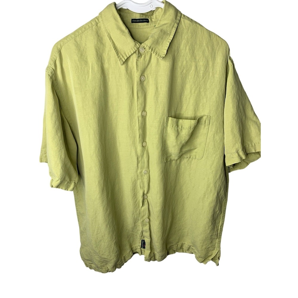 Mens L Silk Linen IZOD Green‎ Button Down Tropical Waters Short Sleeve resort